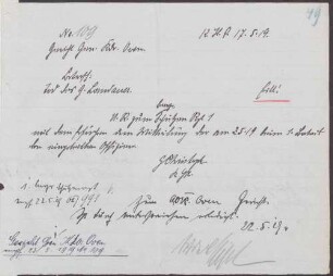 Ersuchen an das Schützenregiment Nr. 1 um Übersendung einer Aufstellung über die am 02.05.1919 in Stadelheim eingeteilten Offiziere mit Antwortschreiben