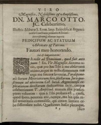 Viro Magnifico, Nobilißimo & Amplißimo, Dn. Marco Otto [...]
