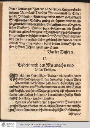 II. Gebett nach den Mittwochs und Besper Predigen.