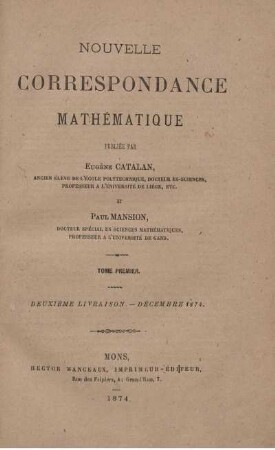 Tome premiér. Deuxième livraison. - Décembre 1874.