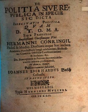 De Politia Sive Republica In Specie Sic Dicta Exercitatio Politica