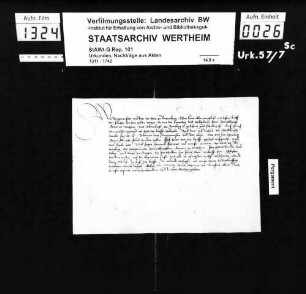 Bürgermeister und Rat der Stadt zu Nürnberg quittieren Graf Albrecht von Wertheim die Bezahlung von 100 Gulden.