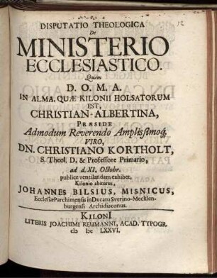 Disputatio Theologica De Ministerio Ecclesiastico