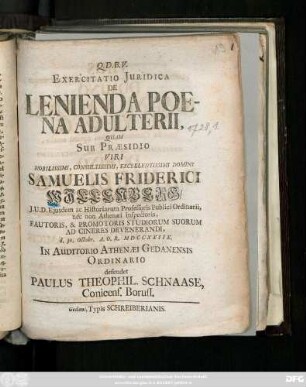 Exercitatio Juridica De Lenienda Poena Adulterii