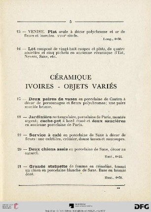 Céramique - Ivoires - Objets variés (Nr. 17-37)