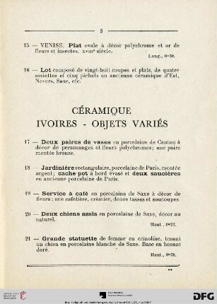 Céramique - Ivoires - Objets variés (Nr. 17-37)