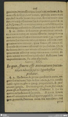 Caput XXII. In quo, semen esse animatum potentia, ex adversae partis hypothesibus probatur