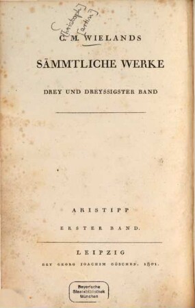 C. M. Wielands Sämmtliche Werke. 33, Aristipp : Erster Band