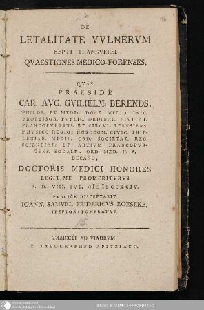 De Letalitate Vvlnervm Septi Transversi Qvaestiones Medico-Forenses