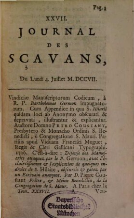 Journal des sçavans. 1707, [3]. Juillet - Sept. T. 37 (1708)