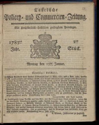 2tes Stueck, Montag den 13ten Januar. 1783