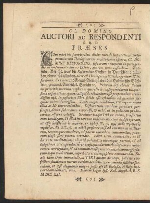 C L. Domino Auctori Ac Respondenti S. P. D. Praeses
