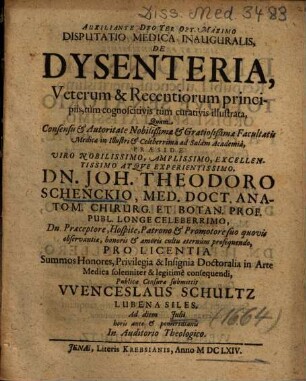 Disputatio Medica Inauguralis, De Dysenteria, Veterum & Recentiorum principiis, tum cognoscitivis tum curativis illustrata