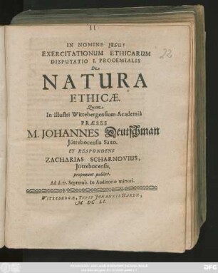 Exercitationum Ethicarum Disputatio I. Prooemialis De Natura Ethicae