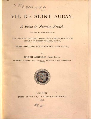 Vie de Seint Auban : a poem in Norman-French