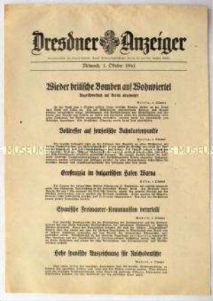 Nachrichtenblatt "Dresdner Anzeiger" u.a. über britische Luftangriffe auf Berlins und zur Zerstörung eines sowjetischen Bahnknotenpunktes