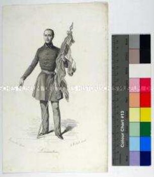 Ganzfiguriges Porträt des französischen Lyrikers und Politikers Alphonse de Lamartine eine Fahne haltend