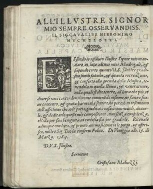 Dedikation an Cavaliere Hieronimo Michelozzi von Cristofano Malvezzi, Venedig 15. März 1584