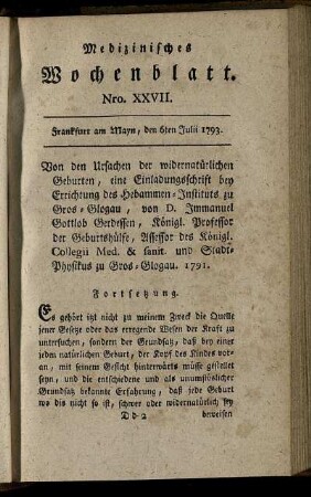 Nro. XXVII. Frankfurt am Mayn, den 6ten Julii 1793. - Nro. XXX. Frankfurt am Mayn, den 27ten Julii 1793.