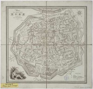 Plan von Wien, 1:6 000, Lithographie, um 1830 : Plan der innern Stadt Wien / Stein sc.. - [Ca. 1:6 000]. - [Wien] : zu haben bey Carl Armbruster , [ca. 1830]. - 1 Plan in 4 Teilen auf 1 Bl. : Lithogr. ; Gesamtgr. 31 x 30 cm Maßstab in graph. Form (Klafter). - NE oben. - Titel oben links. - Windrose oben rechts. - Ohne Kt.-Netz