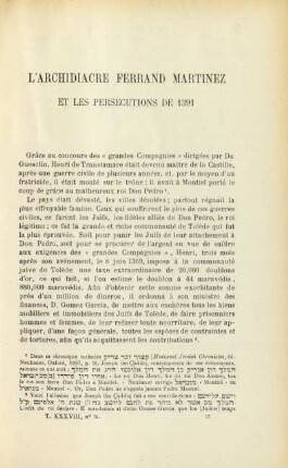 L' archiacre Ferrand Martinez et les persécutions de 1391