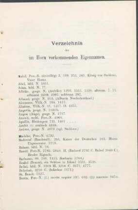 Verzeichnis der im Horn vorkommenden Eigennamen.