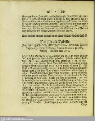 Die zweyte Tabelle. Joachim Friederich, Marggrafens, hernach Churfürstens zu Brandenburg, Administratoris zu Magdeburg, Thaler von 1579