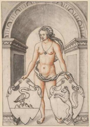 Nackte weibliche Figur mit zwei Wappen