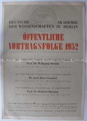 Maueranschlag mit der Ankündigung der Vortragsreihe der Akademie der Wissenschaften zu Berlin 1952