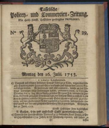 Nro. 29, Montag den 16. Julii 1753