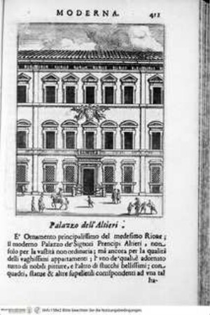 Ritratto di Roma moderna : nel quale sono descritte le sagre basiliche, le chiese, collegij, confraternite ... ; con la narratione dell'opere pie, dell'indulgenze, ... ; distinto in quatordici rioni, abbellito con figure di rame ... / Roma : Michel'Angelo Rossi, 1689Palazzo Alteri - Ritratto di Roma moderna, da Filippo e Michelangelo de Rossi.