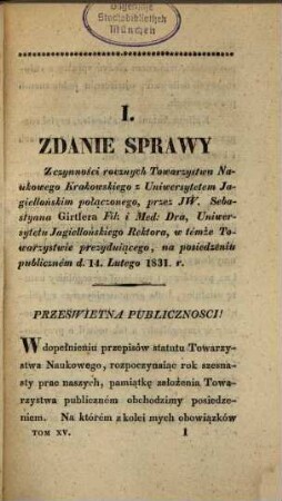 Rocznik Ces. Król. Towarzystwa Naukowego Krakowskiego. 15. 1833
