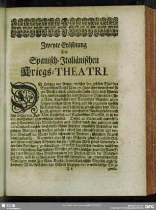 Zweyte Eröffnung Des Spanisch-Italiänischen Kriegs-Theatri