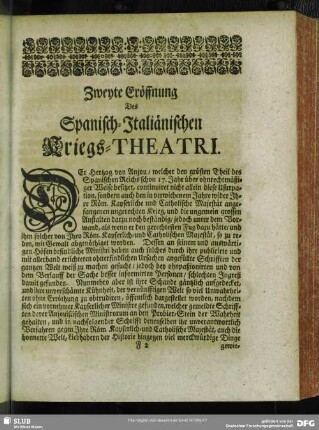 Zweyte Eröffnung Des Spanisch-Italiänischen Kriegs-Theatri