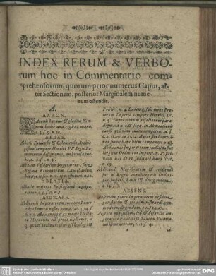 Index Rerum & Verborum hoc in Commentario comprehensorum, quorum prior numerus Caput, alter Sectionem, posterior Marginalem numerum ostendit
