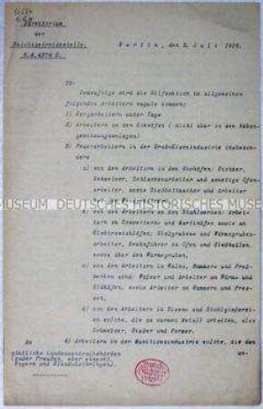 Hektografiertes maschinenschriftliches Rundschreiben der Reichsgetreidestelle zur Unterstützung von Schwerstarbeitern
