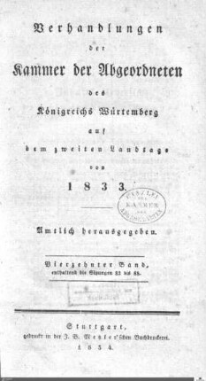 1,92: Landtag Württemberg - Kammer 2, Protokolle 1833-2. Landtag, Bd. 14