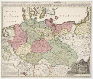 Karte vom Königreich Preußen und Kurfürstentum Brandenburg, Kupferstich, um 1710 : Regni Borussiae Et Electoratus Brandenburgici, Cetarumque, Quae Fridirici, Reg. Bor. sceptro reguntur, necnon finitimarum Prov. Delineatio, ad Stationes Publicorum Cusuum et veredariorum, quae ultra cc mill. Germ. in longitudinem patent cognoscenda accommodata quasque Vtilitati Publicae instituas Ejusdem Regis Aug. Auspiciis hereditario Jure moderatur et regit Vir Ill.mus Joannes Casimirus S. R. I. Comes A Wartenberg Reg. Majest. Borussor. Supremus Camerarius et Minister Status Primarius etc. etc.; C. P. Regis Polon. et Elect. Saxon. / P. Schenk excudit. - [S.l.] , [um 1710]. - 1 Kt. : Kupferstich ; 60 x 47 cm. Maßstab in graph. Form (Gemeine Teutsche meilen). - Mit Entfernungsangaben. - Kopft. - Wappenkartusche unten rechts. - Erl.-kartusche unten links
