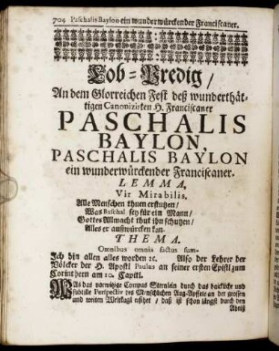 [Siben und dreyßigste] Lob-Predig, Paschalis Baylon ein wunderwürckender Franciscaner – [Ein und viertzigste] Lob-Predig, Petrus Baptista und seine Gesellen Heil. Granat-Aepffel
