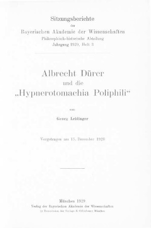 Albrecht Dürer und die "Hypnerotomachia Poliphili"