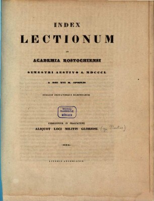 Index lectionum in Academia Rostochiensi ... publice privatimque habendarum, SS 1850