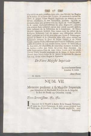 Num. VII. Memoire presenté à sa Majesté Imperiale par Monsieur de Bartholdi Envoyé de sa Majesté le Roi de Prusse en Octobre. 1708