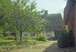 Fleitberg 2: Kate mit Reetdach: Traufseite: davor Weg, Obstbaum, rechts Haus