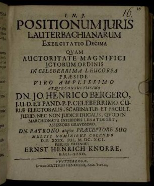 Positionum Juris Lauterbachianarum Exercitatio Decima