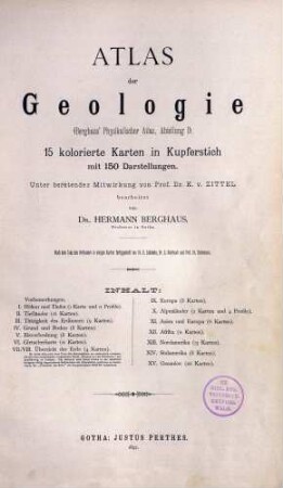 Atlas der Geologie ; 15 kolorierte Karten in Kupferstich mit 150 Darstellungen