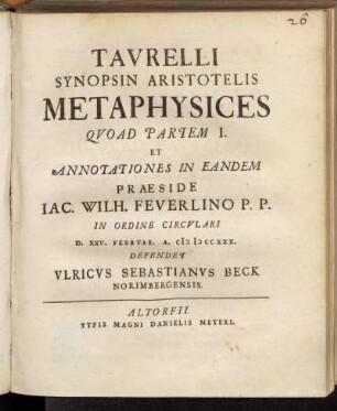 Tavrelli Synopsin Aristotelis Metaphysices ...
