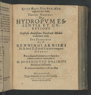 Theses Medicae De Hydropum Essentiae Et Cvratione