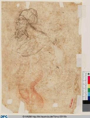 Halbfigur eines bärtigen Mannes, in Turban; Skizze eines Beines (Knie)