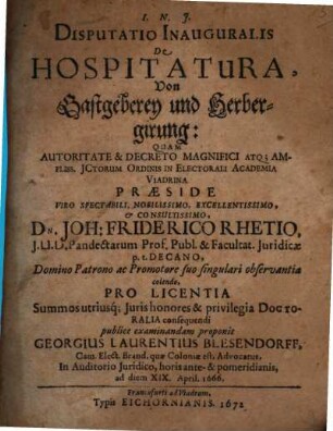 Disputatio inauguralis de hospitatura, von Gastgeberey und Herbergirung