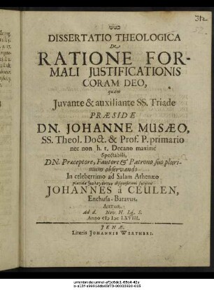 Dissertatio Theologica De Ratione Formali Iustificationis Coram Deo